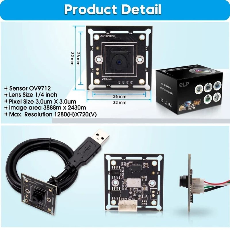 ELP Megapixel Super Mini 720p USB Camera Module Wide Angle with 120degree M7 Lens HD Digital Embedded Webcam Board for Computer USB2.0 UVC Video PC Opencv Camera Module,with 3.3ft/1m Cable for Laptop - Image 5